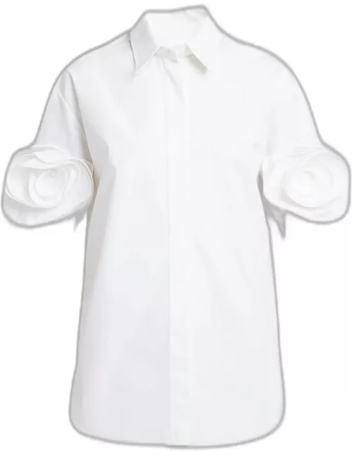 Rosette-Cuff Short-Sleeve Poplin Collared Shirt