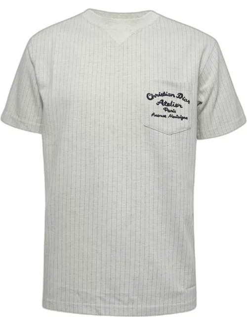 Dior Grey Striped Embroidered Wool Crew Neck T-Shirt