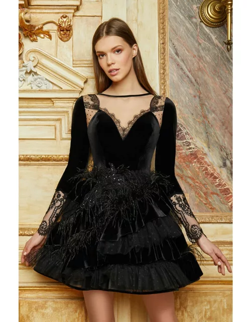 Cristallini Long Sleeve Feathered Velvet Dres