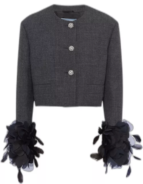 Mat Feather-Cuff Cropped Jacket with Crystal Button