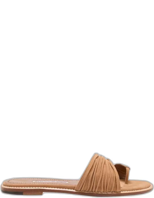Tibo Ruched Suede Toe-Ring Flat Sandal