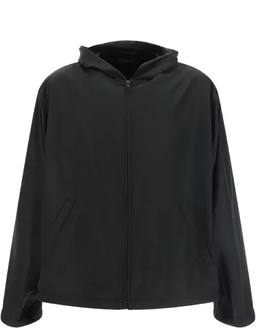 Balenciaga Black Hooded Windbreaker With Contrasting Logo Print At The Back In Polyester Blend Man