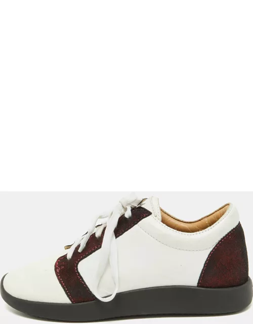 Giuseppe Zanotti White/Burgundy Leather and Laminated Suede Low Top Sneaker