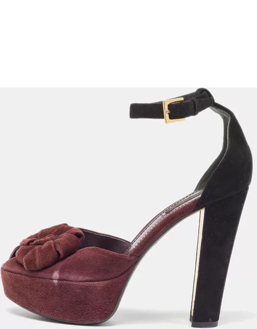 Louis Vuitton Burgundy/Black Suede Flower Peep Toe Platform Ankle Strap Sandal