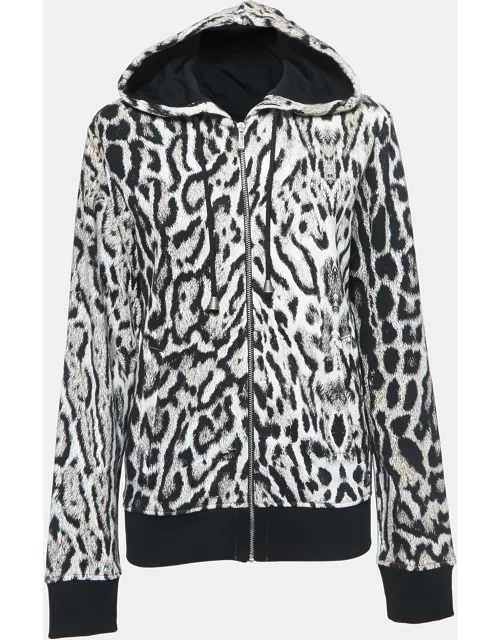 Just Cavalli White/Black Leopard Print Cotton Zip Front Hooded Jacket