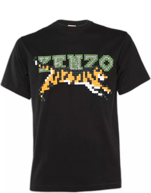 Kenzo Black Pixel Logo Embroidered Cotton Knit T-Shirt