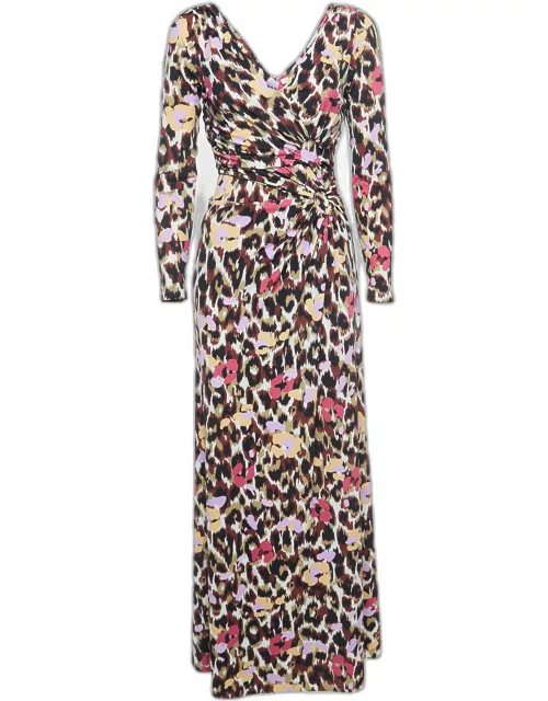 Roberto Cavalli Multicolor Leopard Print Stretch Knit Cutout Detailed Maxi Dress