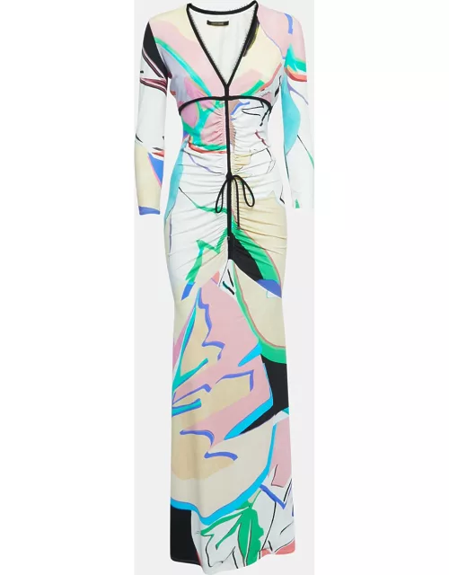 Roberto Cavalli Multicolor Leaves Print Stretch Knit Ruched Maxi Dress