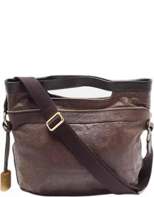 Furla Brown Ostrich Embossed Leather Crossbody Bag