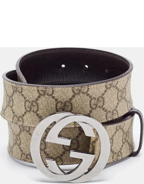 Gucci Beige/Brown GG Supreme Canvas and Leather Interlocking G Buckle Belt 95C