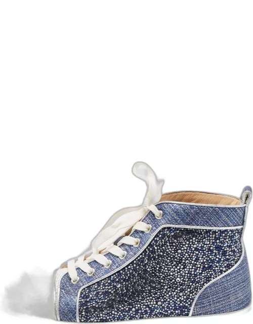 Christian Louboutin Blue/Silver Denim and Patent Lou Degra Spikes Studded Hi High Top Sneaker