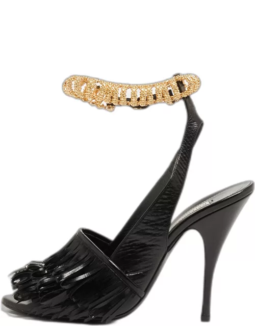 Balenciaga Black Fringe Leather Chain Detail Ankle Strap Sandal
