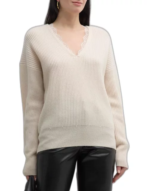 Ava Ribbed Lace-Trim Wool-Cashmere Sweater