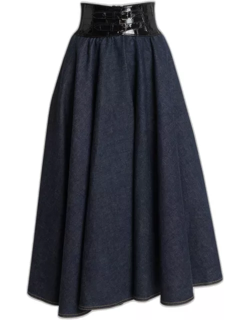 Embossed Leather Belted Denim Flared Midi Skirt