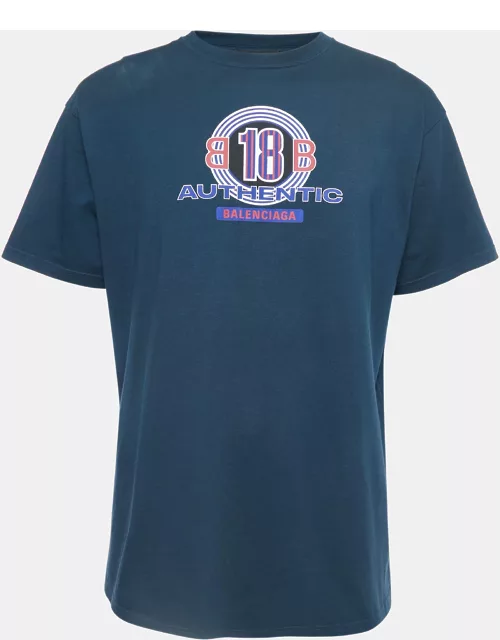 Balenciaga Navy Blue Printed Cotton T-Shirt