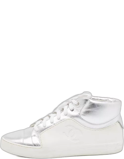 Chanel Metallic Silver/White Leather And Rubber Lace Up High Top Sneaker