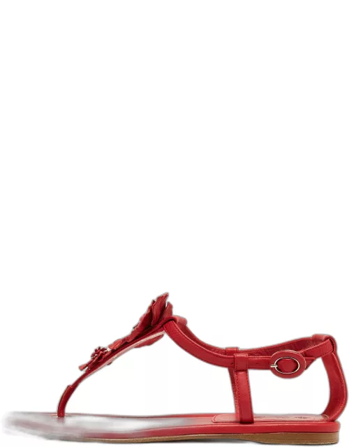 Loro Piana Red Leather Floral Applique Ankle Strap Flat Sandal