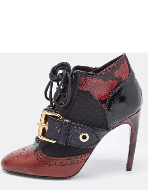 Burberry Black/Burgundy Leather and Python Embossed Westmarsh Buckle Ankle Boot