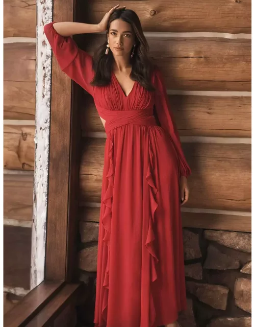 Forever New Women's Rosalyn Long-Sleeve Frill Dress in Cherry Red