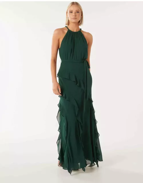 Forever New Women's Bridie Halter Neck Ruffle Maxi Dress in Dark Green