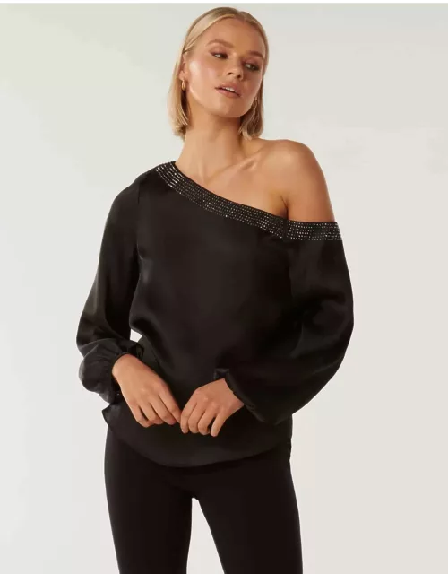 Forever New Women's Anya Asymmetrical-Neck Embellished Top in Black
