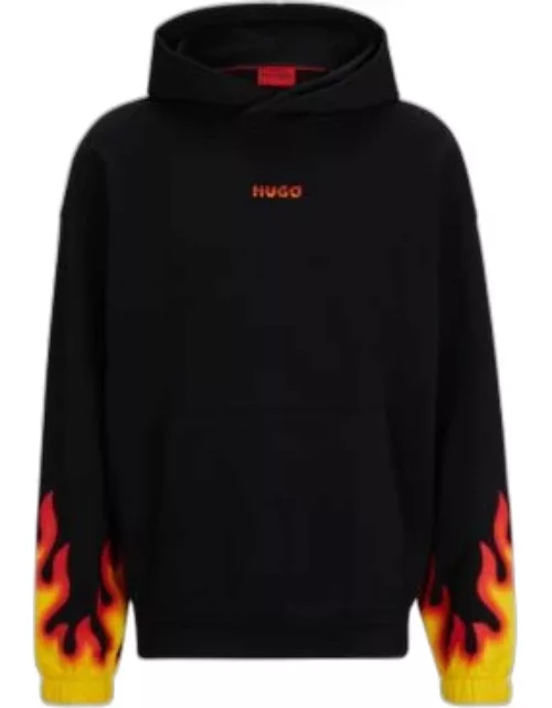 Cotton-terry hoodie with puffed flame logo- Black Men's Tracksuit