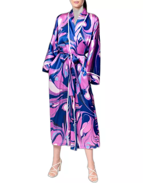 Corfu Marble-Print Kimono-Sleeve Silk Robe