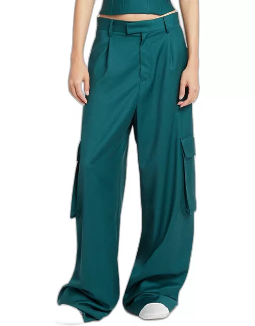 High-Rise Pleated Wide-Leg Cargo Trouser