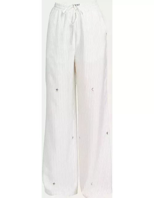 Suna Fujita Stripe Penguin-Embroidered Pajama Pant