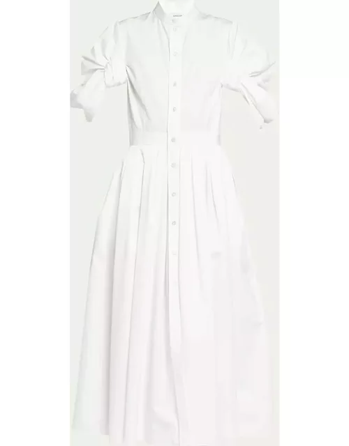Ruched Puff-Sleeve Button-Front Midi Dres