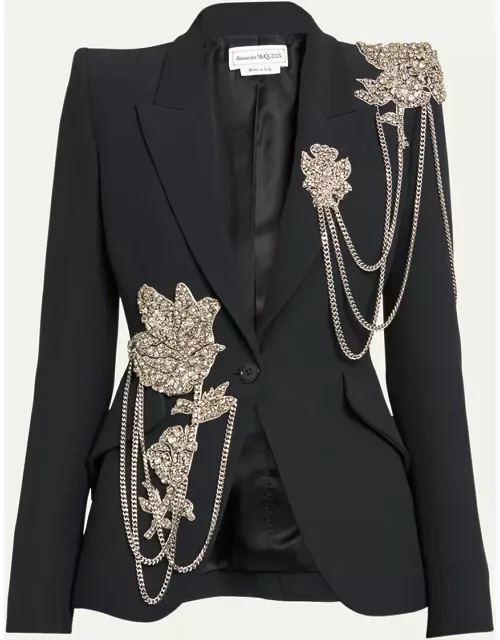 Peak Shlouder Blazer Jacket with Floral Crystal Chain Detai