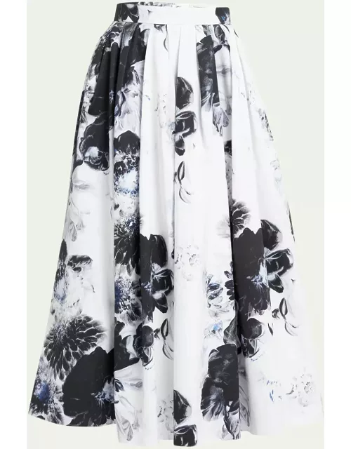 Floral X-ray Print Faille Voluminous Midi Skirt