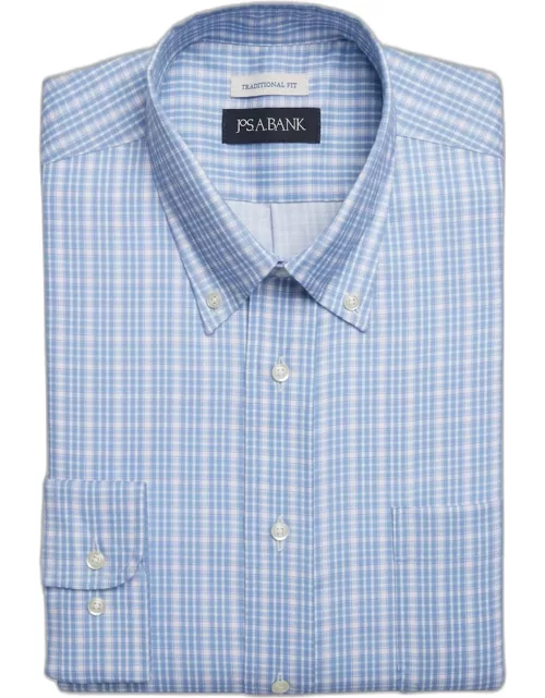 JoS. A. Bank Big & Tall Men's Traditional Fit Button-Down Collar Plaid Print Dress Shirt , Blue, 20 34