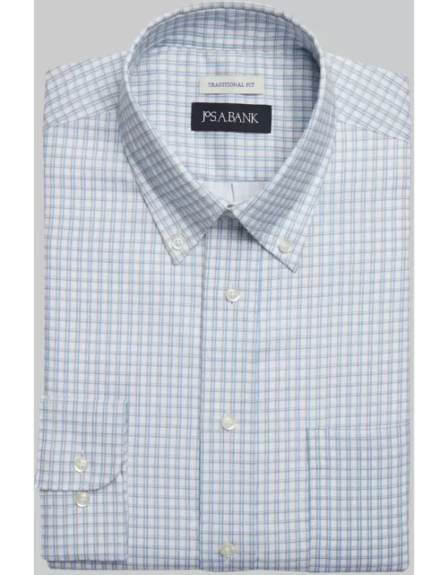 JoS. A. Bank Big & Tall Men's Traditional Fit Button-Down Collar Double Check Print Dress Shirt , White, 20 34