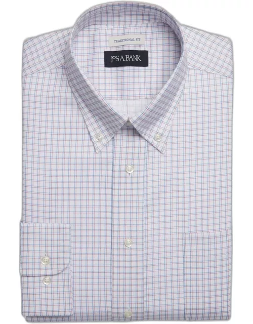 JoS. A. Bank Big & Tall Men's Traditional Fit Button-Down Collar Double Check Print Dress Shirt , White, 17 1/2 36