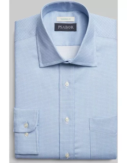 JoS. A. Bank Men's Tailored Fit Check Spread Collar Print Dress Shirt, Blue, 15 34