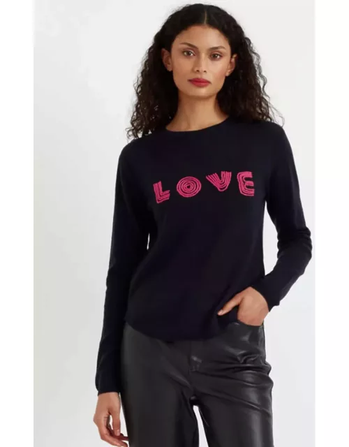 Navy Wool-Cashmere Embroidered Love Sweater