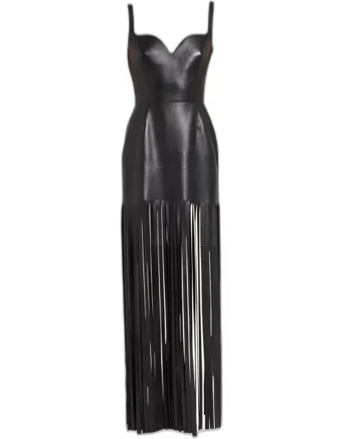 Sculpted Bust Leather Mini Dress with Fringe Tri