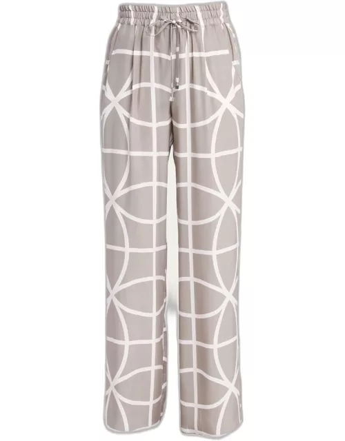 Printed Wide-Leg Drawstring Silk Trouser