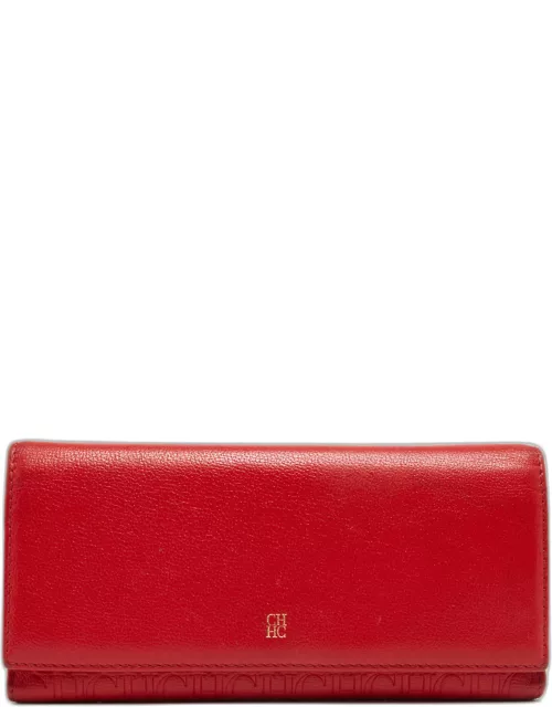 CH Carolina Herrera Red Monogram Embossed Leather Trifold Continental Wallet