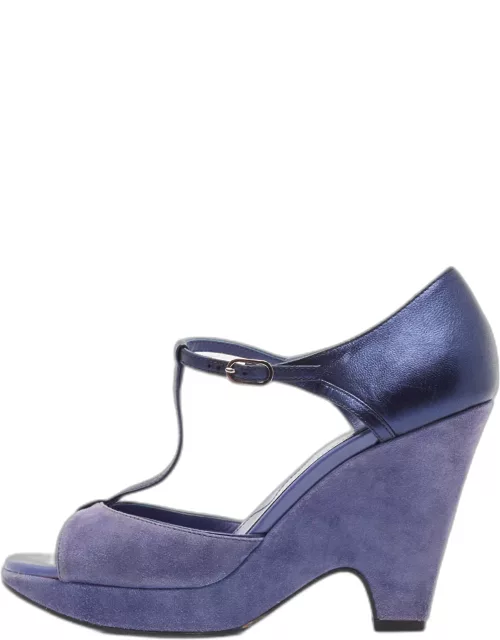 Tod's Blue Suede and Leather T-Bar Wedge Sandal