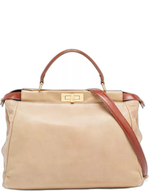 Fendi Beige/Brown Leather Large Peekaboo Top Handle Bag
