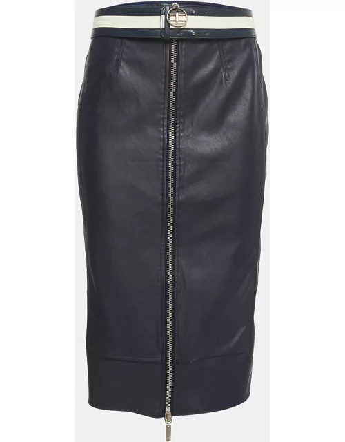 Elisabetta Franchi Navy Blue Faux Leather Belted Midi Skirt