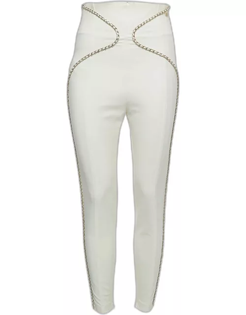 Elisabetta Franchi Off White Stretch Nylon Chain Detailed Skinny Fit Trousers