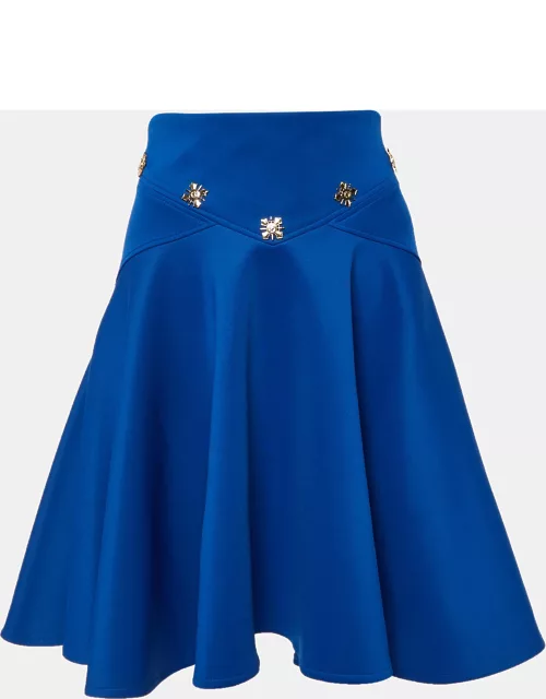 Versace Collection Blue Jersey Embellished Detail Flared Mini Skirt