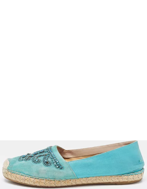 Le Silla Turquoise Suede and Leather Crystal Embellished Espadrille Flat