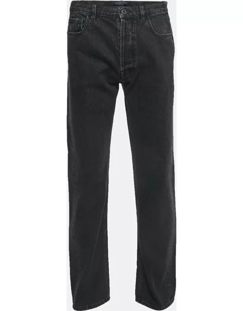Valentino Grey V Logo Print Washed Denim Straight Fit Jeans L Waist 34"