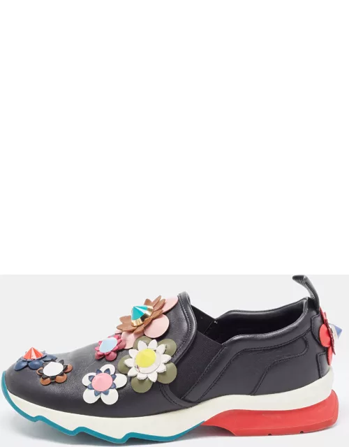 Fendi Black Leather Flowerland Embellished Slip On Sneaker