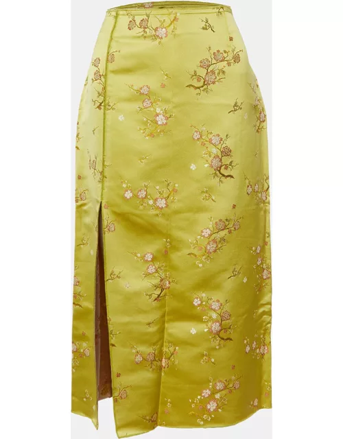 Kenzo Green Floral Jacquard Satin Slit Detail Midi Skirt