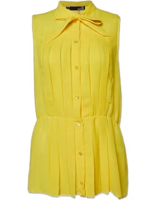 Love Moschino Yellow Chiffon Pleated Detail Button Front Sleeveless Shirt